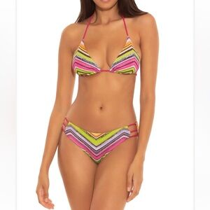 BECCA NWT Bikini Set Large Triangle Top Small Bottom Reversible Pink Stripe